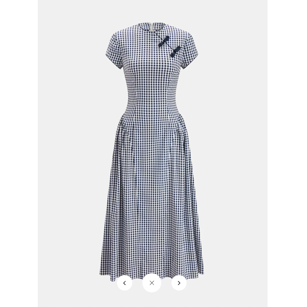 NWT Commense Gingham Frog Button Short Sleeve Midi Dress Sz M - Picture 2 of 6